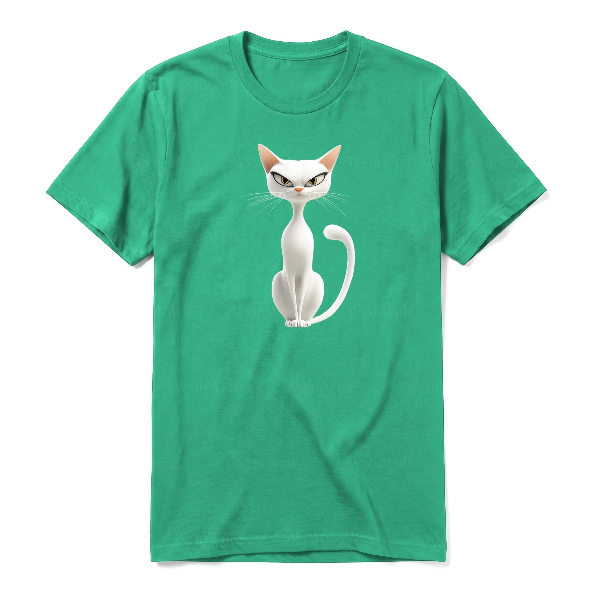 A kelly short-sleeve crewneck t-shirt for adult featuring a graphic of a cat on the front.