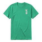 A kelly short-sleeve crewneck t-shirt for adult featuring a graphic of a cat on the left chest.