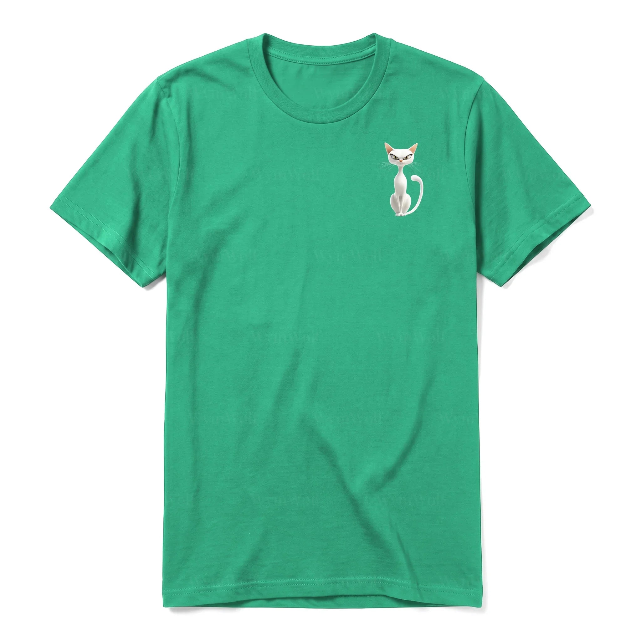 A kelly short-sleeve crewneck t-shirt for adult featuring a graphic of a cat on the left chest.
