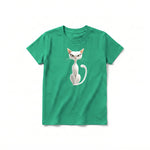 A kelly short-sleeve crewneck t-shirt for youth featuring a graphic of a cat on the front.