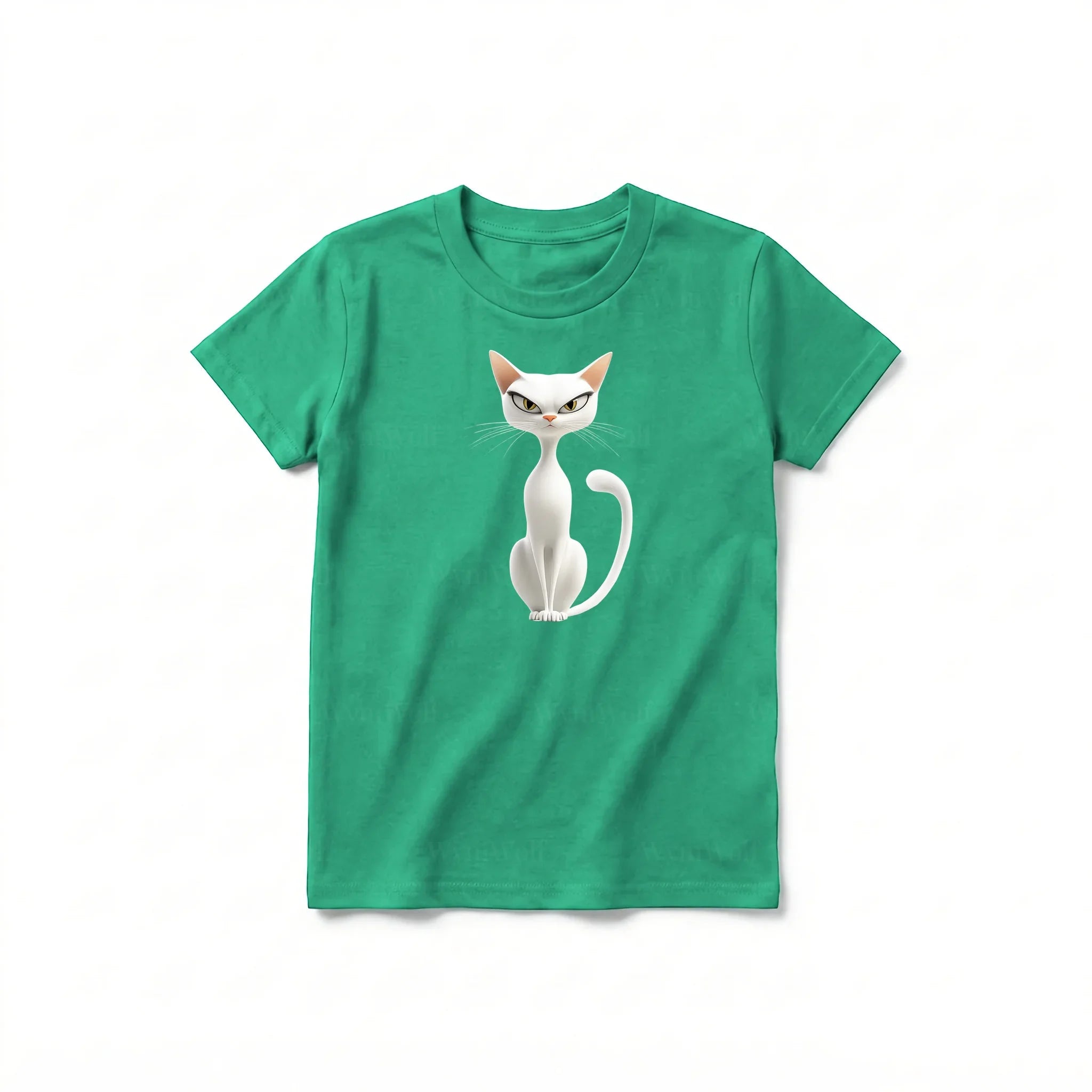 A kelly short-sleeve crewneck t-shirt for youth featuring a graphic of a cat on the front.