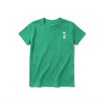 A kelly short-sleeve crewneck t-shirt for youth featuring a graphic of a cat on the left chest.
