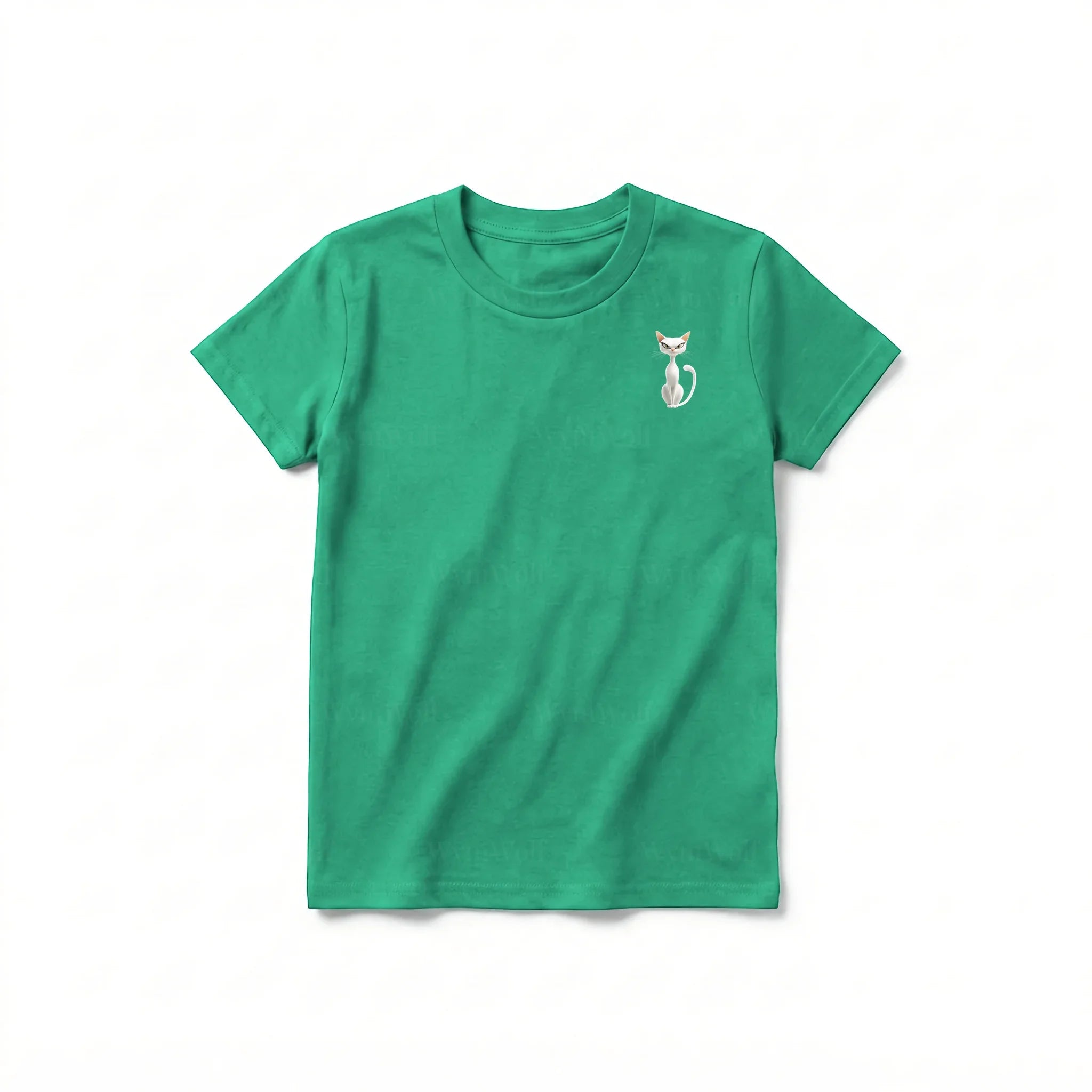 A kelly short-sleeve crewneck t-shirt for youth featuring a graphic of a cat on the left chest.