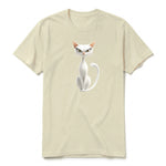 A latte short-sleeve crewneck t-shirt for adult featuring a graphic of a cat on the front.