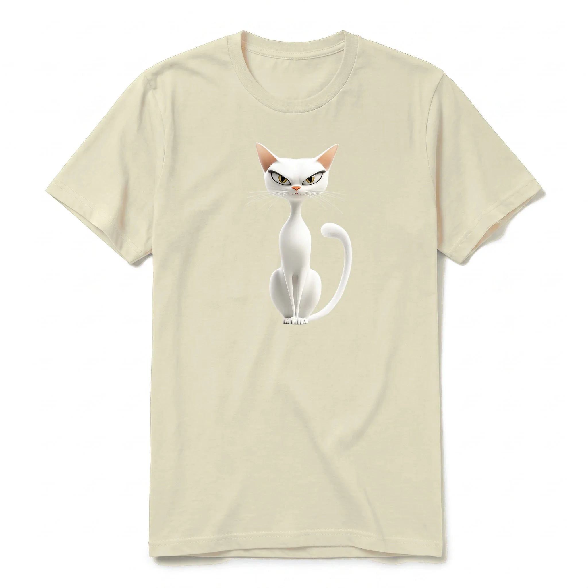 A latte short-sleeve crewneck t-shirt for adult featuring a graphic of a cat on the front.