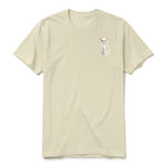 A latte short-sleeve crewneck t-shirt for adult featuring a graphic of a cat on the left chest.