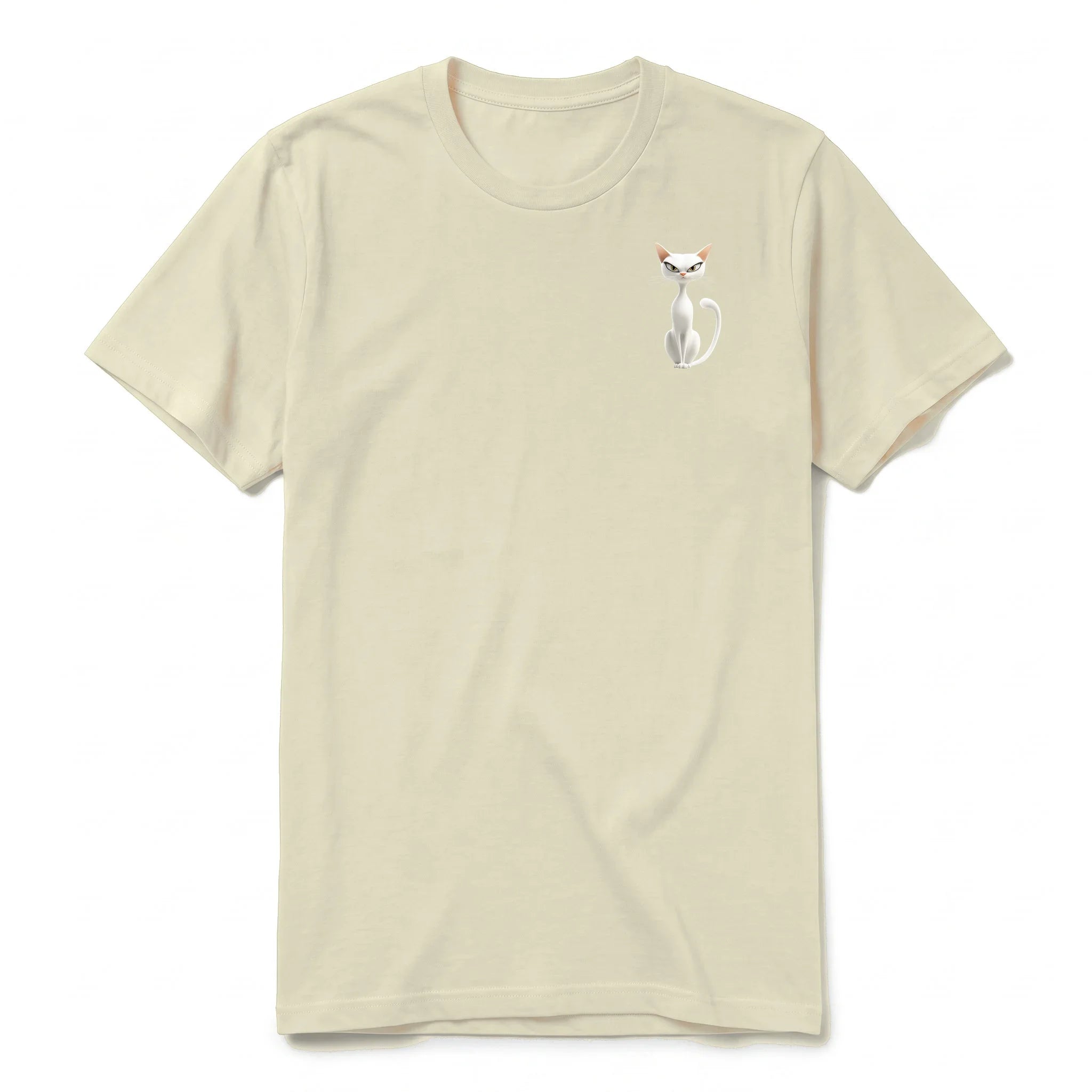 A latte short-sleeve crewneck t-shirt for adult featuring a graphic of a cat on the left chest.