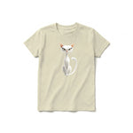 A latte short-sleeve crewneck t-shirt for youth featuring a graphic of a cat on the front.