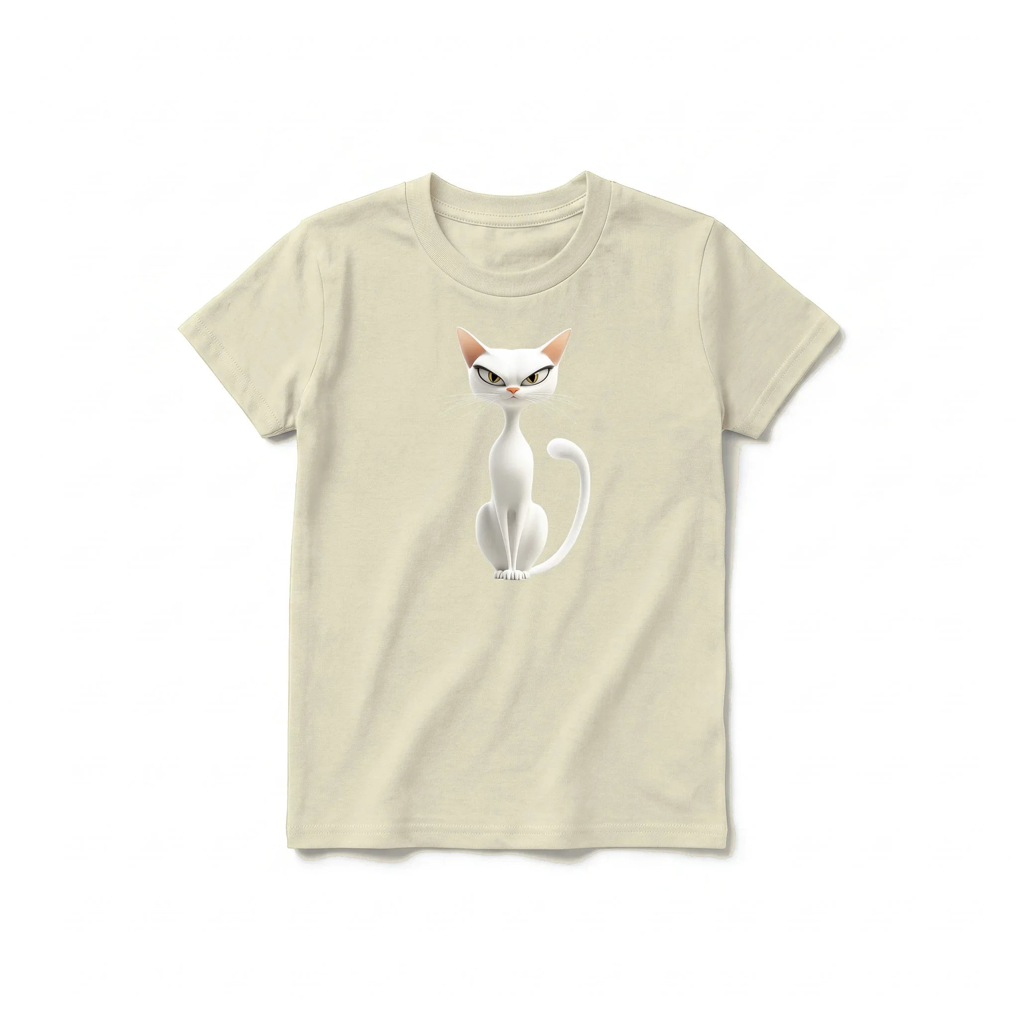 A latte short-sleeve crewneck t-shirt for youth featuring a graphic of a cat on the front.