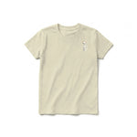 A latte short-sleeve crewneck t-shirt for youth featuring a graphic of a cat on the left chest.