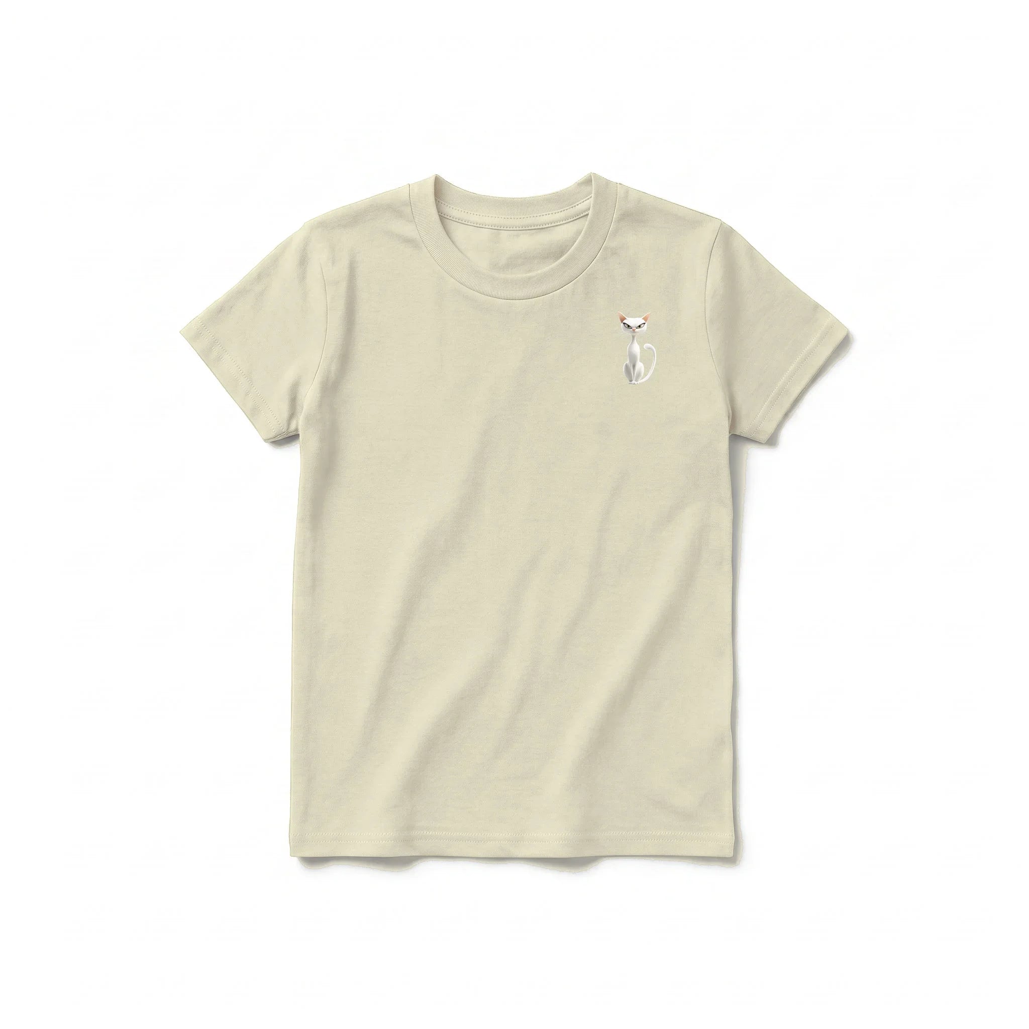 A latte short-sleeve crewneck t-shirt for youth featuring a graphic of a cat on the left chest.