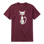 A maroon short-sleeve crewneck t-shirt for adult featuring a graphic of a cat on the front.