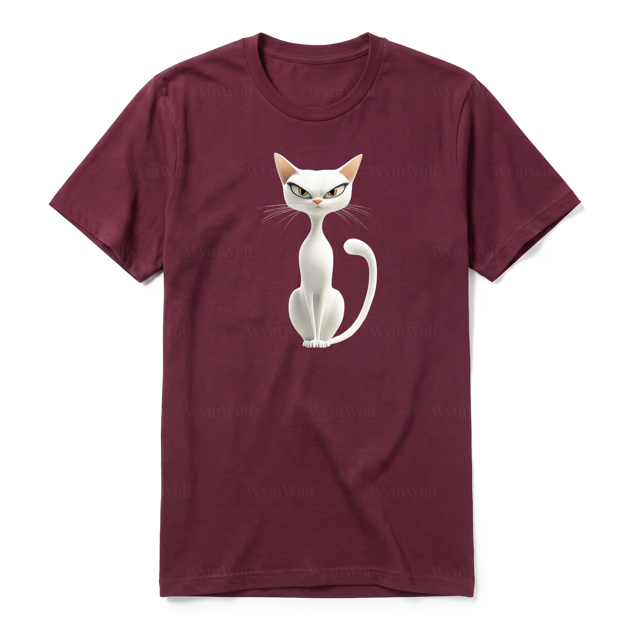 A maroon short-sleeve crewneck t-shirt for adult featuring a graphic of a cat on the front.