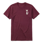 A maroon short-sleeve crewneck t-shirt for adult featuring a graphic of a cat on the left chest.
