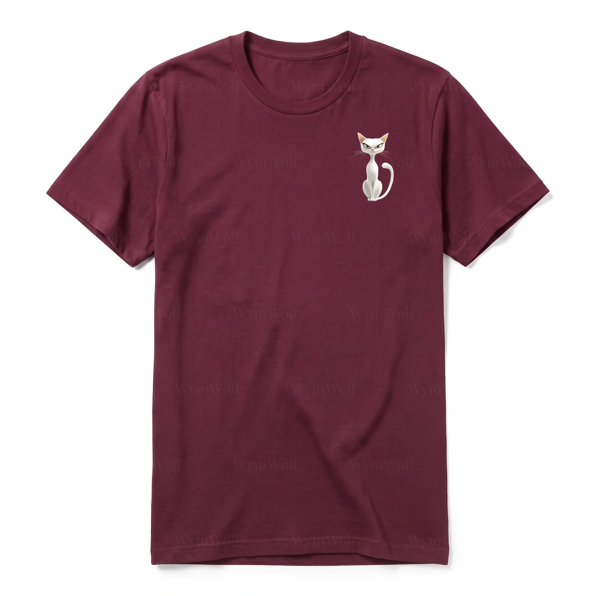 A maroon short-sleeve crewneck t-shirt for adult featuring a graphic of a cat on the left chest.