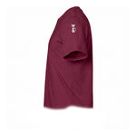 A maroon short-sleeve crewneck t-shirt  featuring a small graphic of a cat on the upper left sleeve.