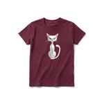 A maroon short-sleeve crewneck t-shirt for youth featuring a graphic of a cat on the front.