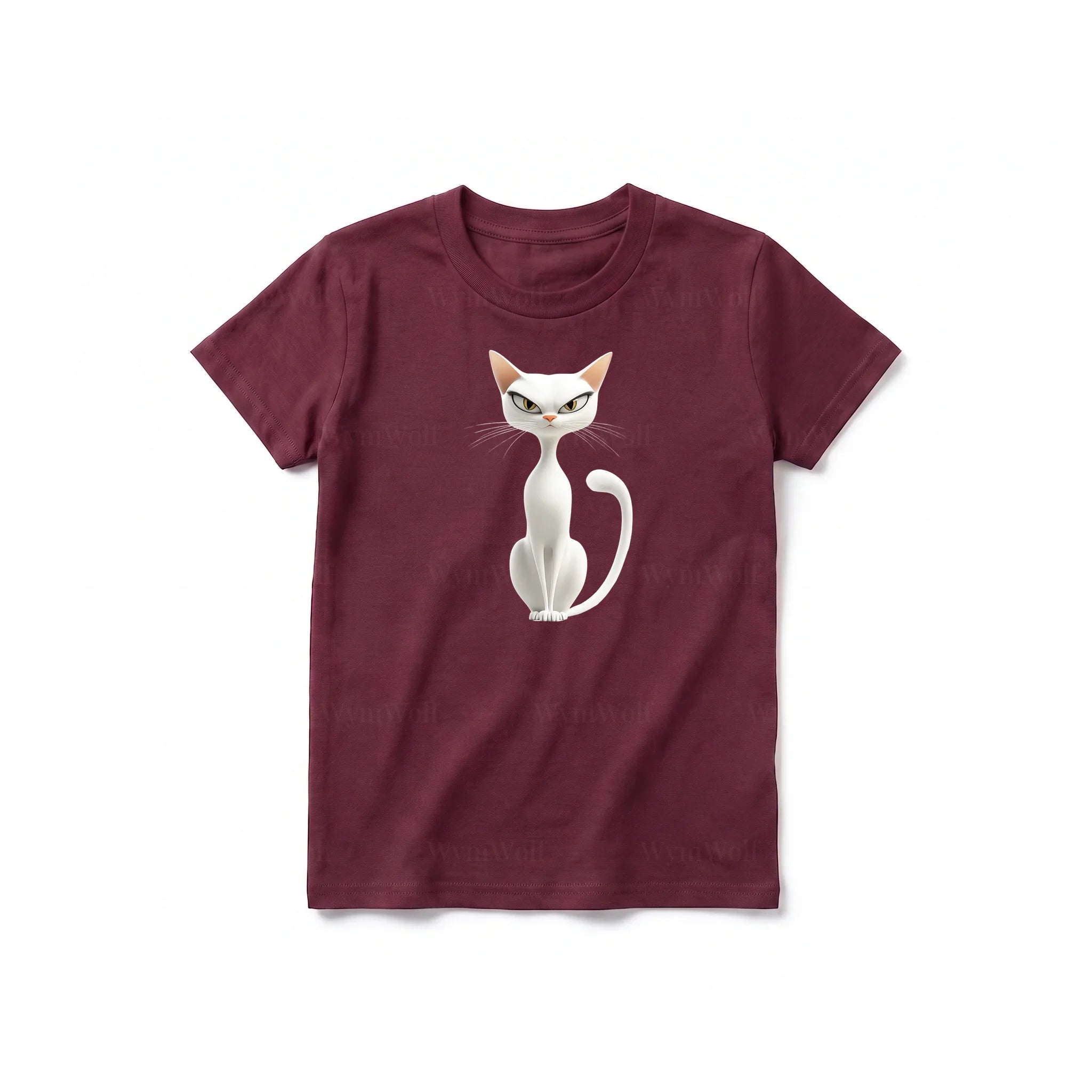 A maroon short-sleeve crewneck t-shirt for youth featuring a graphic of a cat on the front.