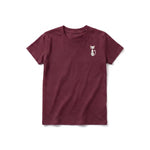 A maroon short-sleeve crewneck t-shirt for youth featuring a graphic of a cat on the left chest.