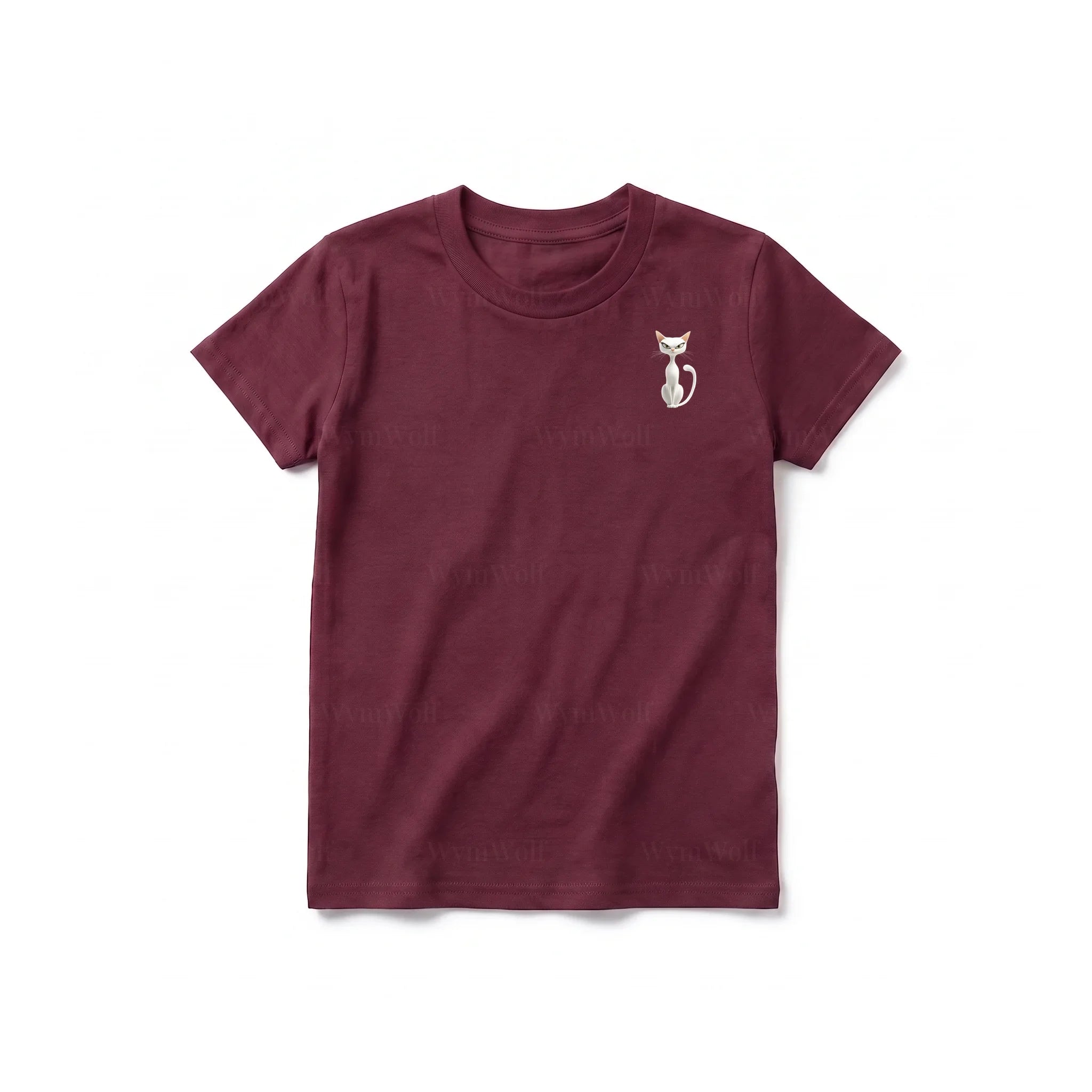 A maroon short-sleeve crewneck t-shirt for youth featuring a graphic of a cat on the left chest.