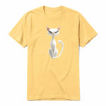 A mustard short-sleeve crewneck t-shirt for adult featuring a graphic of a cat on the front.