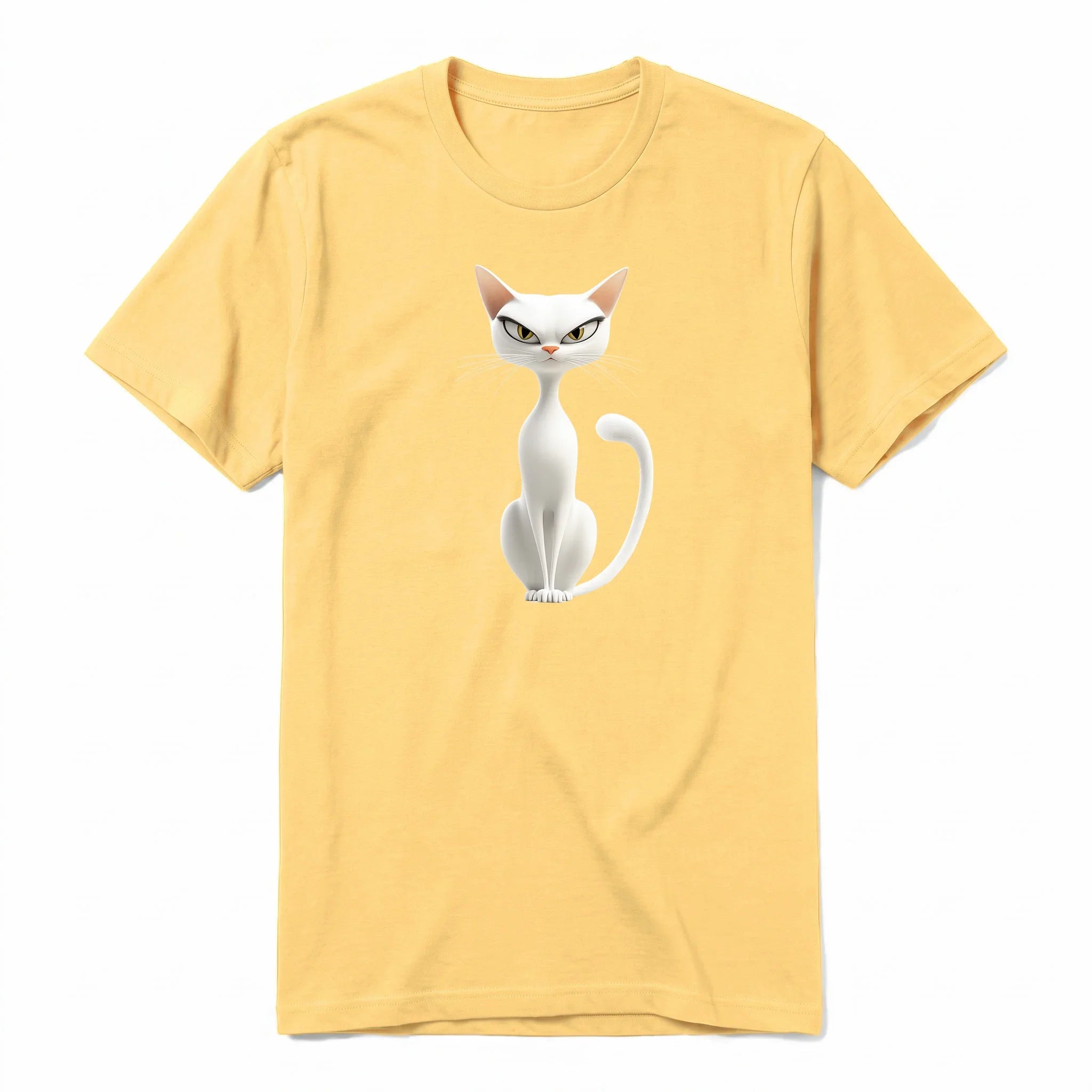 A mustard short-sleeve crewneck t-shirt for adult featuring a graphic of a cat on the front.
