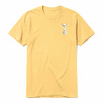 A mustard short-sleeve crewneck t-shirt for adult featuring a graphic of a cat on the left chest.