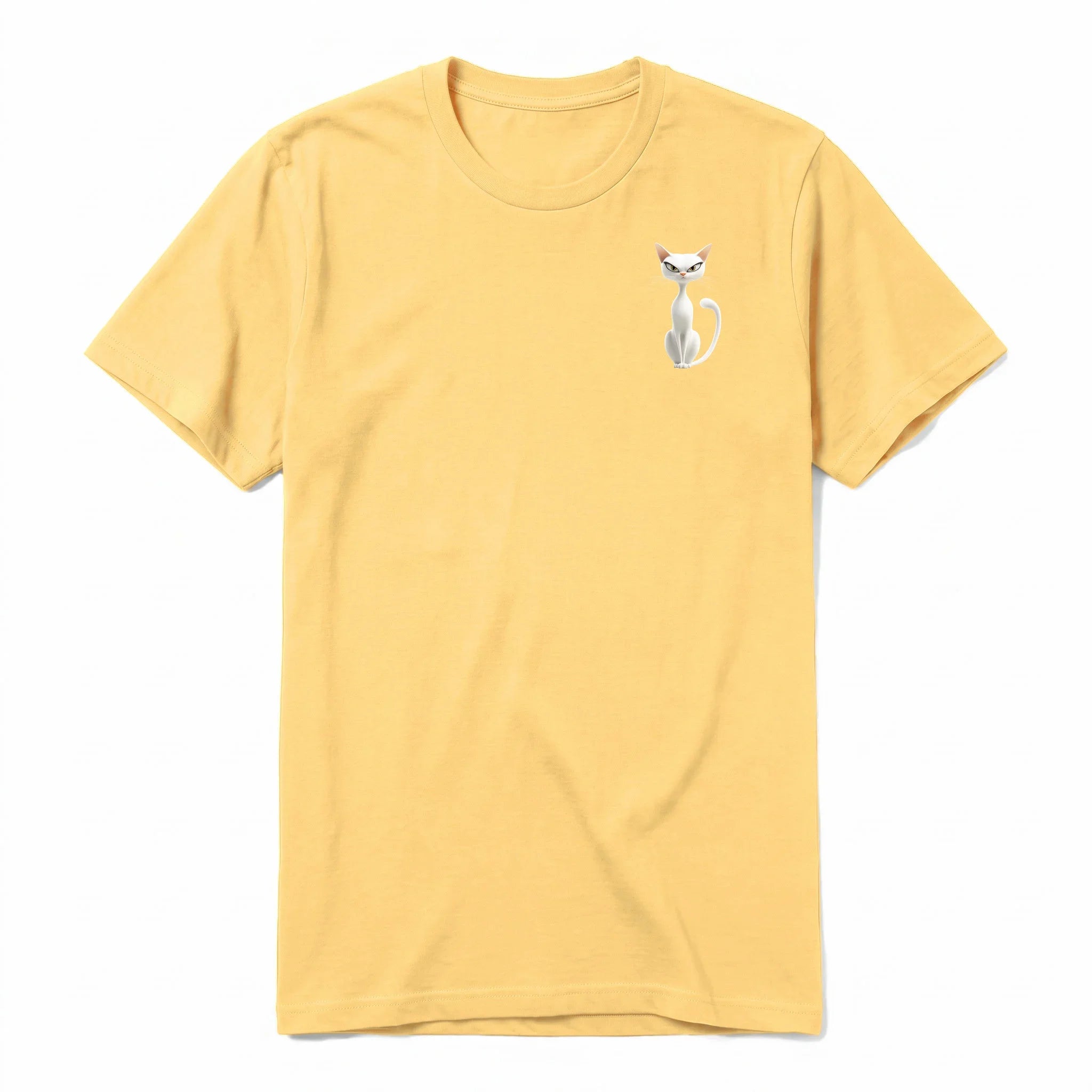 A mustard short-sleeve crewneck t-shirt for adult featuring a graphic of a cat on the left chest.
