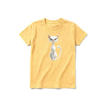 A mustard short-sleeve crewneck t-shirt for youth featuring a graphic of a cat on the front.
