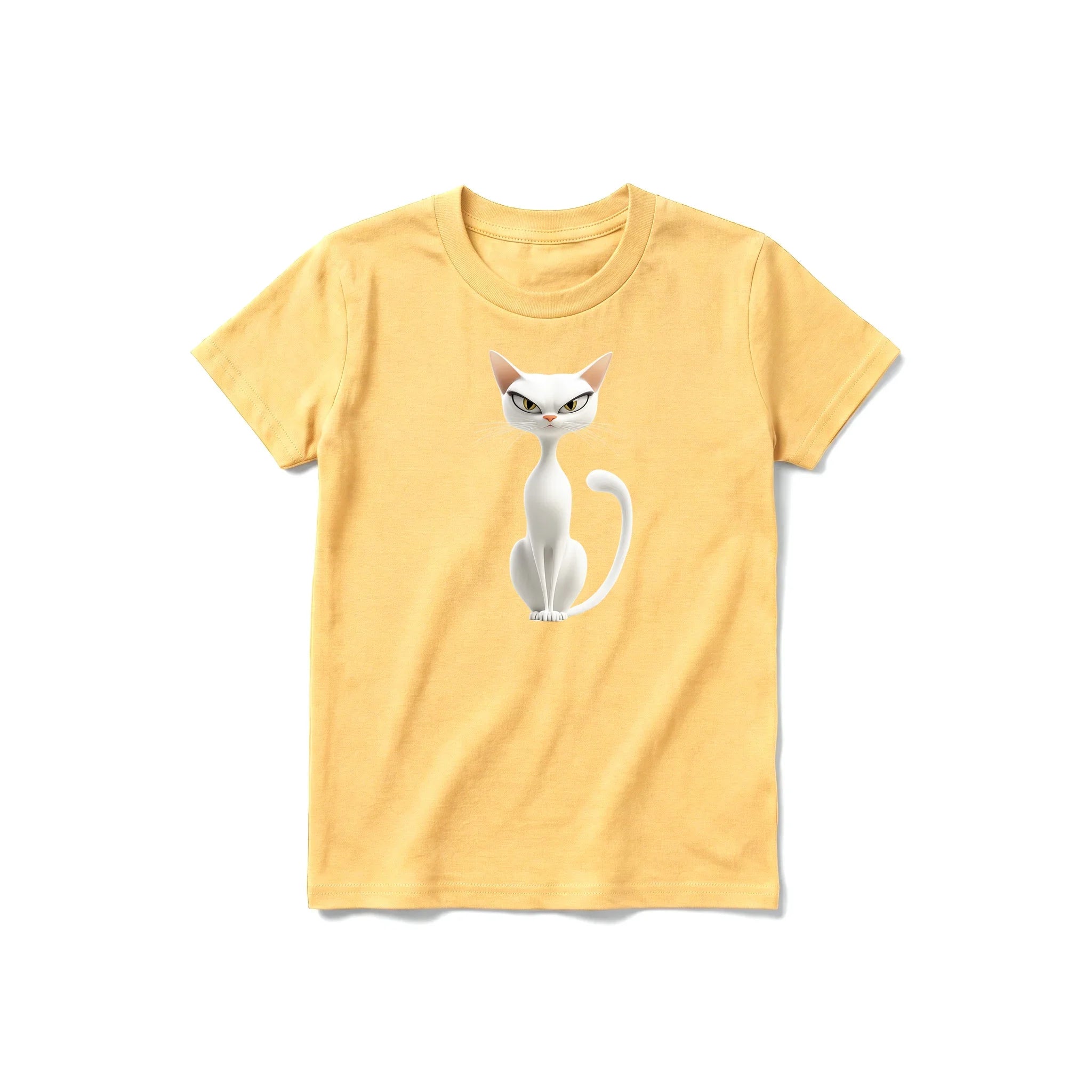 A mustard short-sleeve crewneck t-shirt for youth featuring a graphic of a cat on the front.