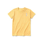 A mustard short-sleeve crewneck t-shirt for youth featuring a graphic of a cat on the left chest.