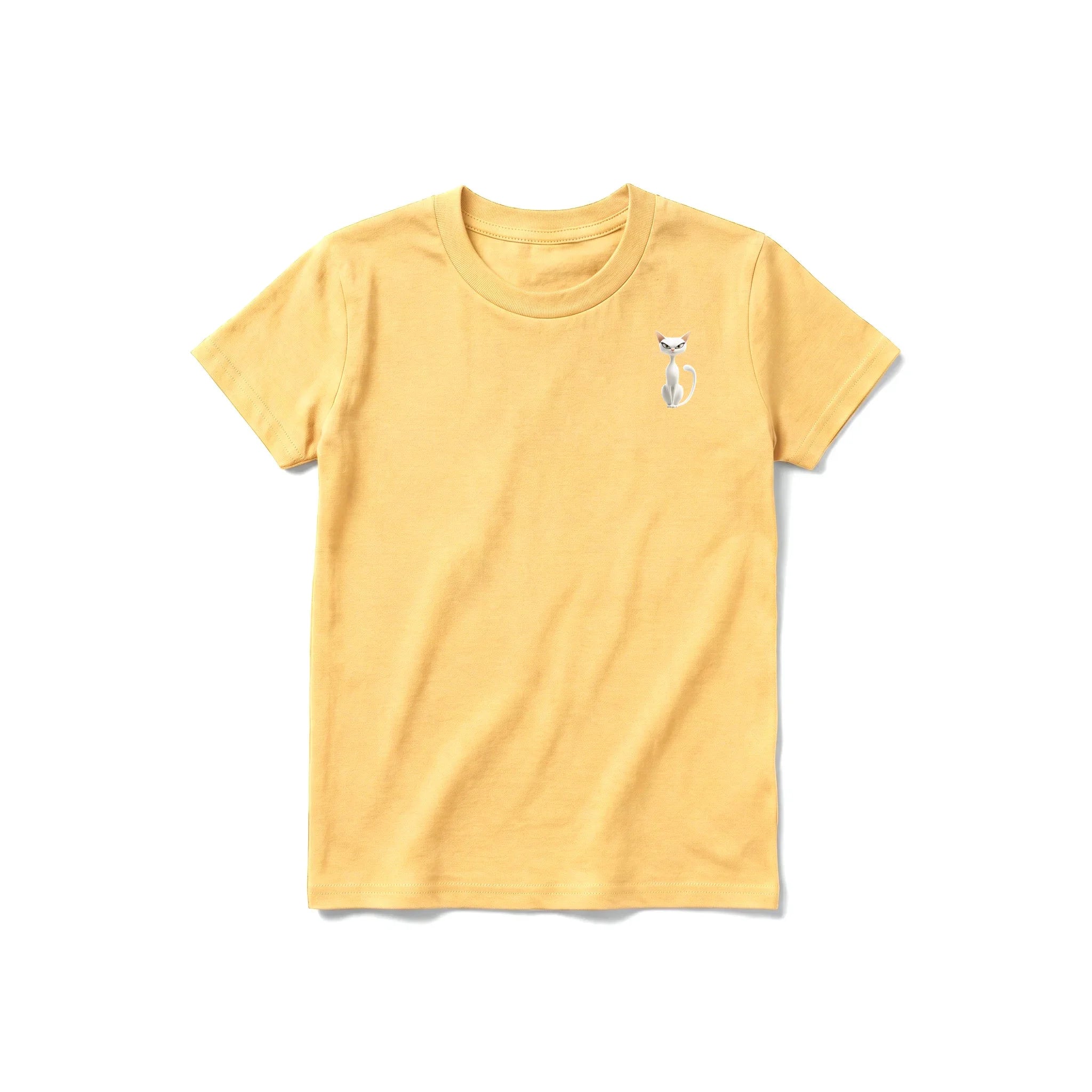 A mustard short-sleeve crewneck t-shirt for youth featuring a graphic of a cat on the left chest.