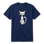 A navy short-sleeve crewneck t-shirt for adult featuring a graphic of a cat on the front.
