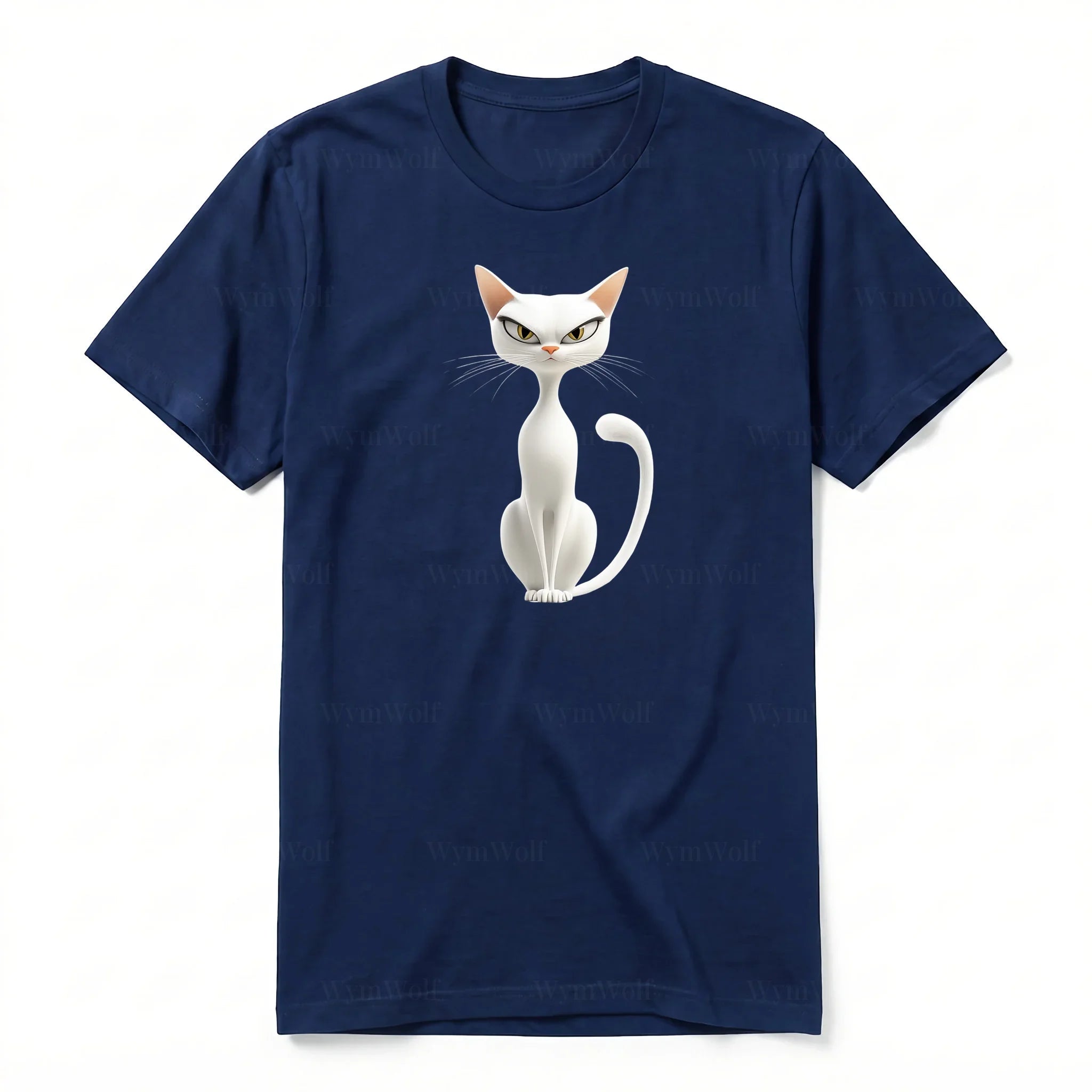 A navy short-sleeve crewneck t-shirt for adult featuring a graphic of a cat on the front.