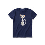 A navy short-sleeve crewneck t-shirt for youth featuring a graphic of a cat on the front.