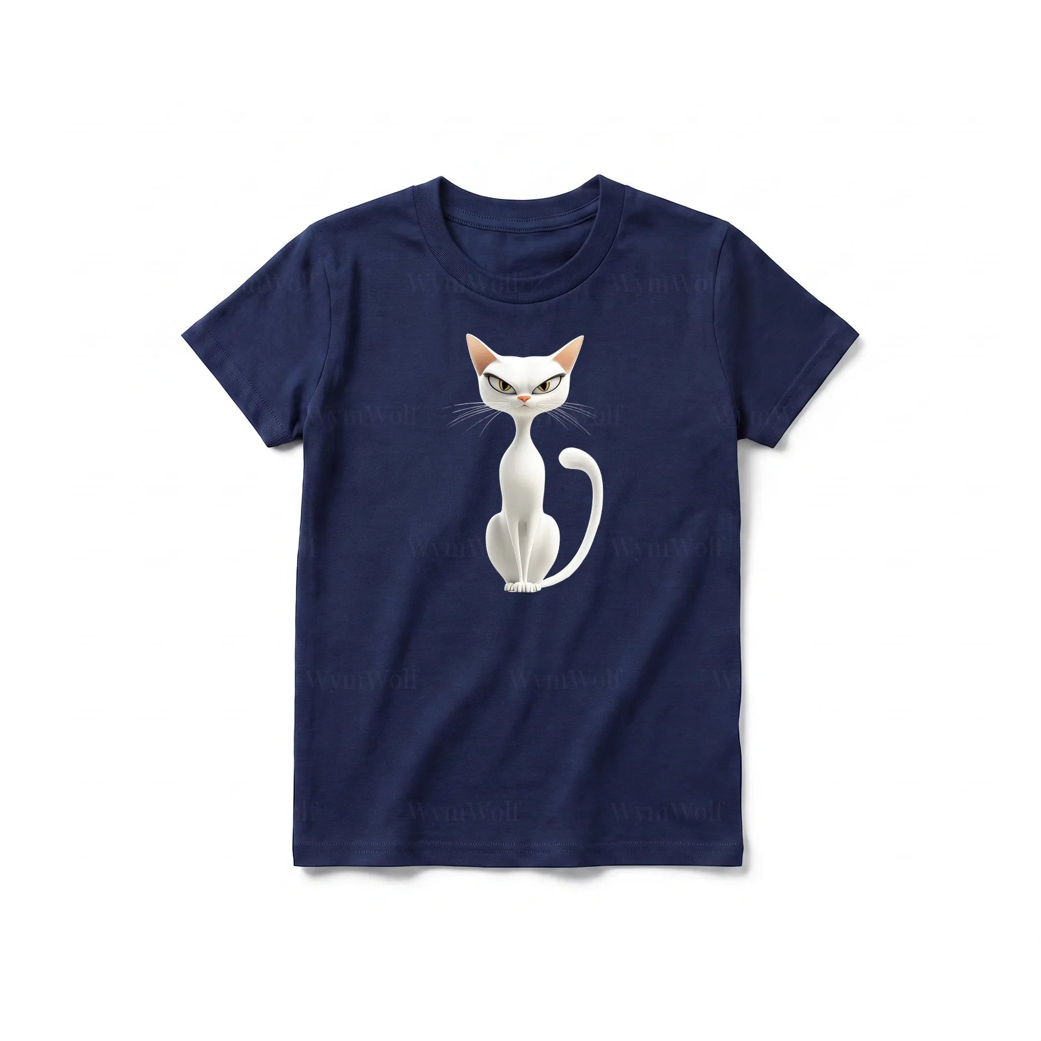 A navy short-sleeve crewneck t-shirt for youth featuring a graphic of a cat on the front.