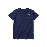 A navy short-sleeve crewneck t-shirt for youth featuring a graphic of a cat on the left chest.