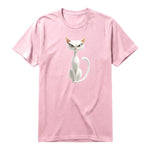 A pink short-sleeve crewneck t-shirt for adult featuring a graphic of a cat on the front.