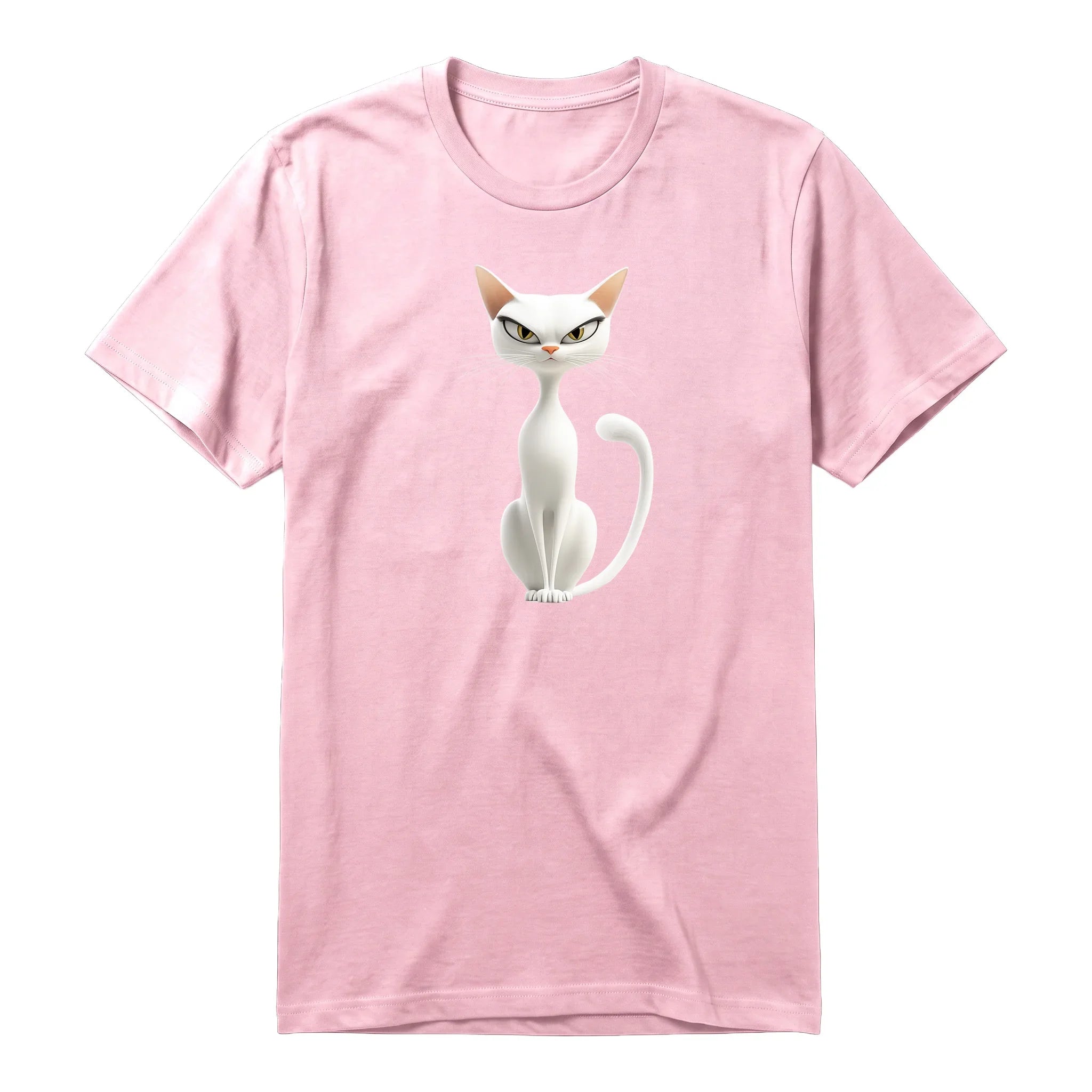 A pink short-sleeve crewneck t-shirt for adult featuring a graphic of a cat on the front.