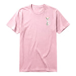 A pink short-sleeve crewneck t-shirt for adult featuring a graphic of a cat on the left chest.