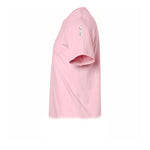 A pink short-sleeve crewneck t-shirt  featuring a small graphic of a cat on the upper left sleeve.