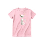 A pink short-sleeve crewneck t-shirt for youth featuring a graphic of a cat on the front.