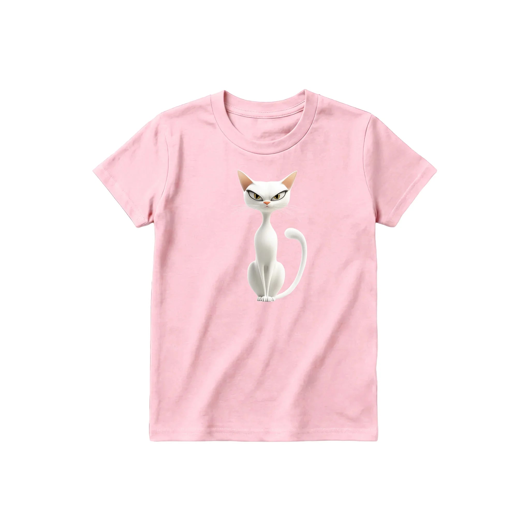 A pink short-sleeve crewneck t-shirt for youth featuring a graphic of a cat on the front.