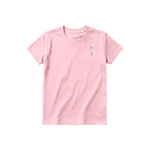 A pink short-sleeve crewneck t-shirt for youth featuring a graphic of a cat on the left chest.