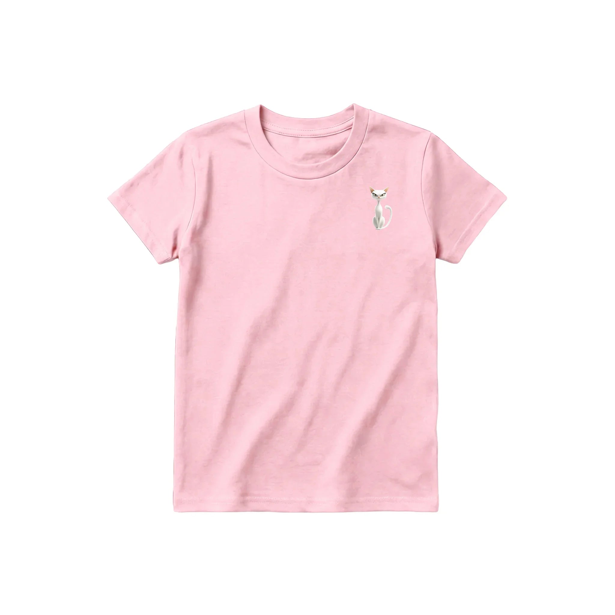A pink short-sleeve crewneck t-shirt for youth featuring a graphic of a cat on the left chest.