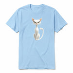A powder short-sleeve crewneck t-shirt for adult featuring a graphic of a cat on the front.