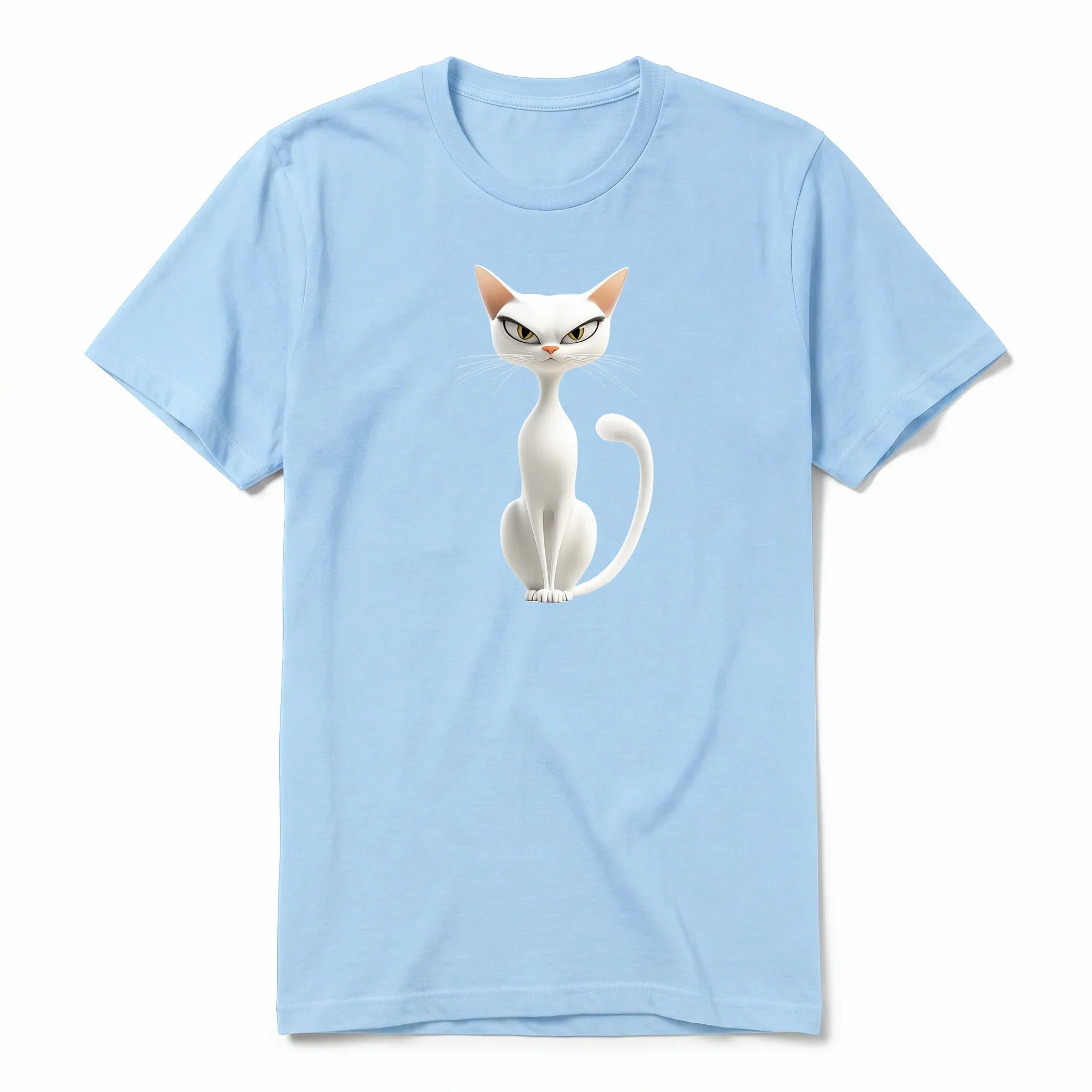 A powder short-sleeve crewneck t-shirt for adult featuring a graphic of a cat on the front.
