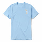 A powder short-sleeve crewneck t-shirt for adult featuring a graphic of a cat on the left chest.