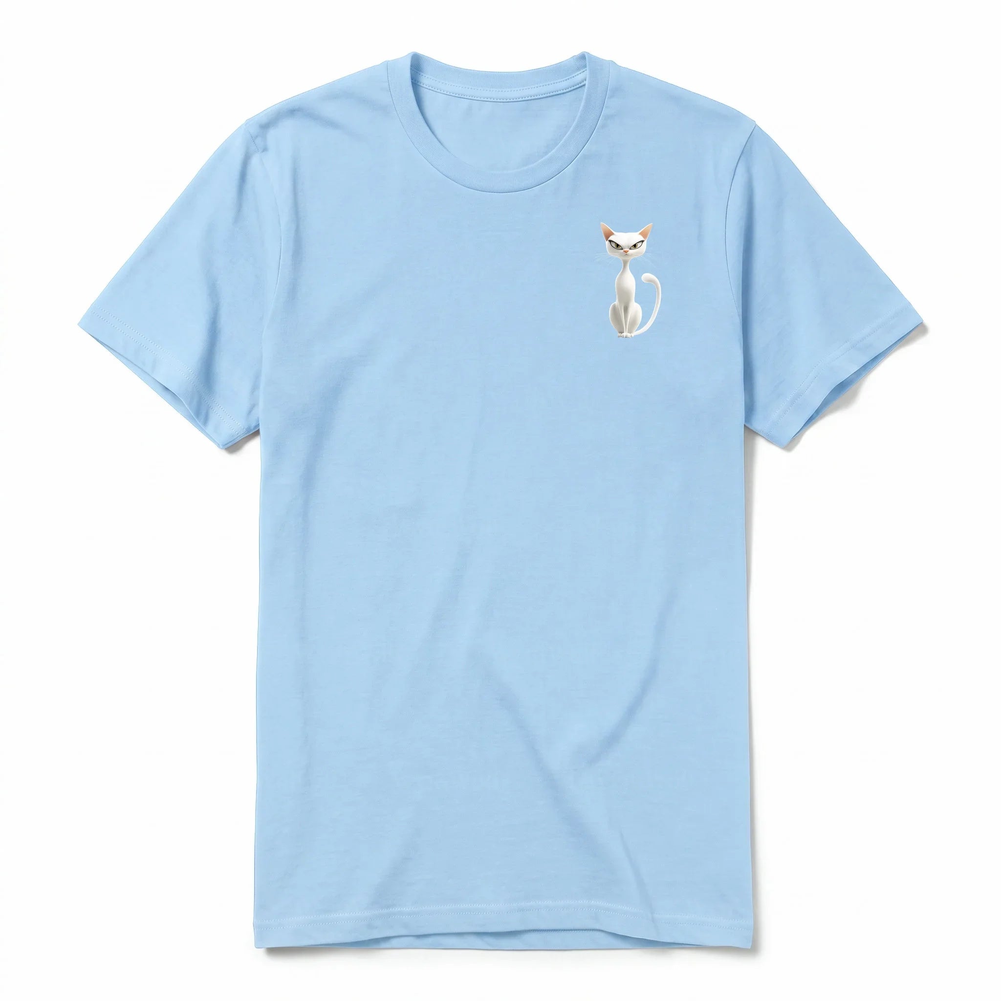 A powder short-sleeve crewneck t-shirt for adult featuring a graphic of a cat on the left chest.