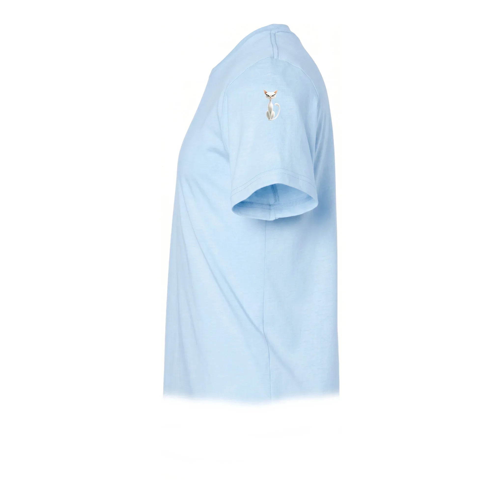 A powder short-sleeve crewneck t-shirt  featuring a small graphic of a cat on the upper left sleeve.